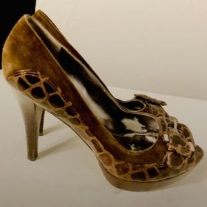 Marc Fisher peep toe platform heels. Suede, brown